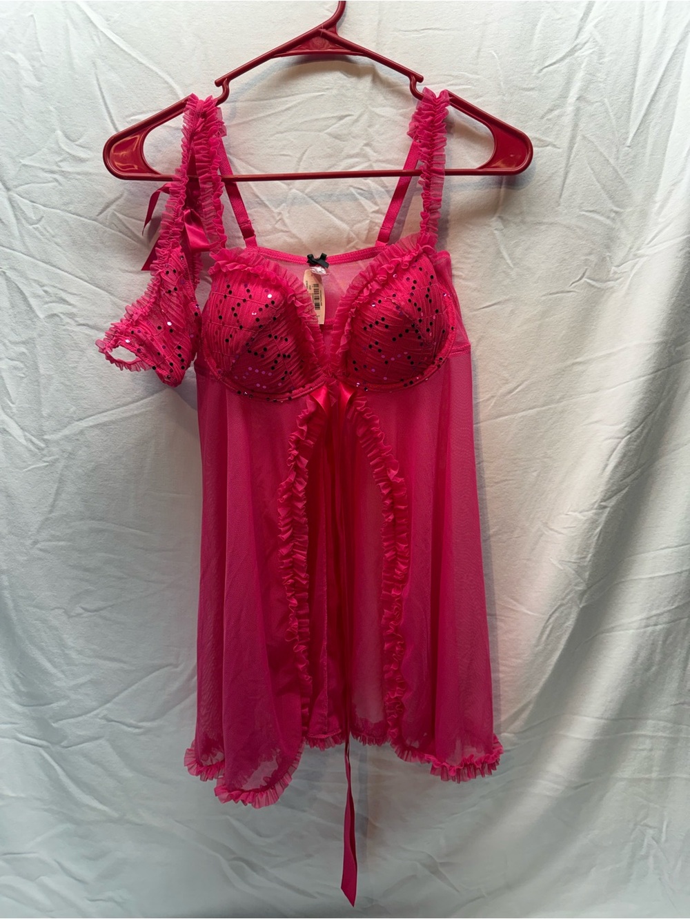 Victoria's Secret Hot Pink Sheer Ruffled Babydoll Chemise with thong NWT